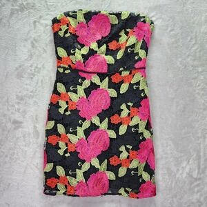 Sam Edelman Black Cherry Strapless Mini Dress Floral‎ Embroidered Size 8 Party